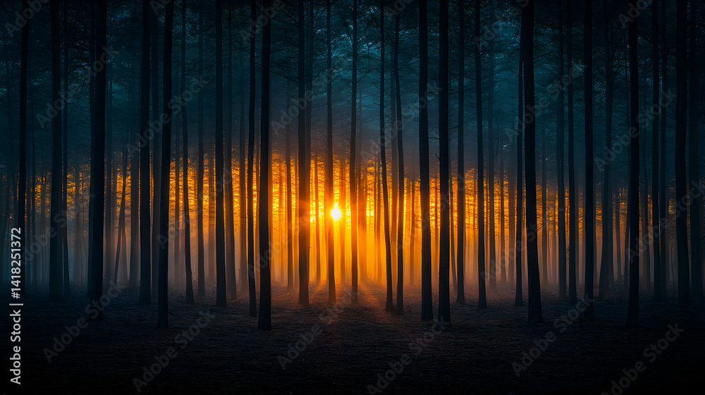 A landscape image of a dark forest with a glowing light behind the trees. Submitted as AI-generated content, indicating the forest image was created with artificial intelligence. A landscape image of a dark forest with a glowing light behind the trees. Submitted as AI-generated content, indicating the forest image was created with artificial intelligence.