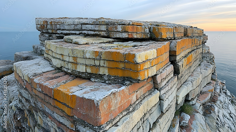 Obraz premium Rugged cliffs edge the water displaying layers of stone hues of orange and white with sky horizon Scenic and texture