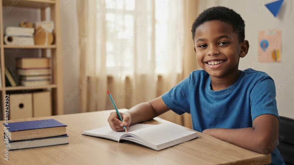 A young boy sits at a table with a book and pencil, engaged in quiet learning A young boy sits at a table with a book and pencil, engaged in quiet learning