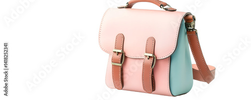A pastel pink and blue satchel with brown straps on a white background