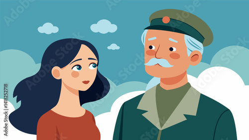 A woman nodding along thoughtfully as an older gentleman shares a story about his time in the military.. Vector illustration