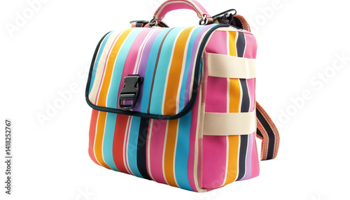 Close up view of a colorful striped lunchbox with a buckle on a white backdrop