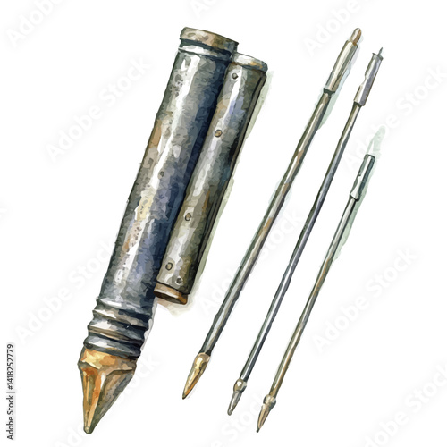 Ferro Rod And Striker Set, vector watercolor illustration, isolated on a white background.