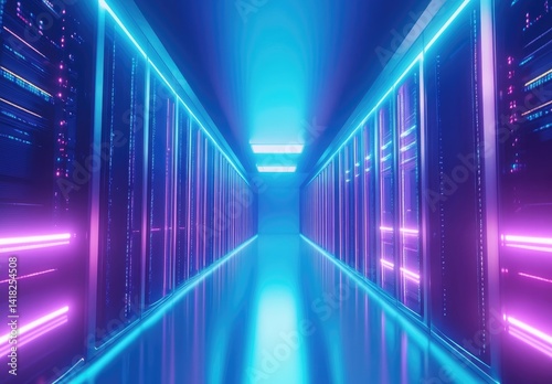 Vibrant neon-lit data center hallway with purple and blue server racks, ideal for technology branding, cybersecurity visuals, AI infrastructure, and futuristic digital concepts
