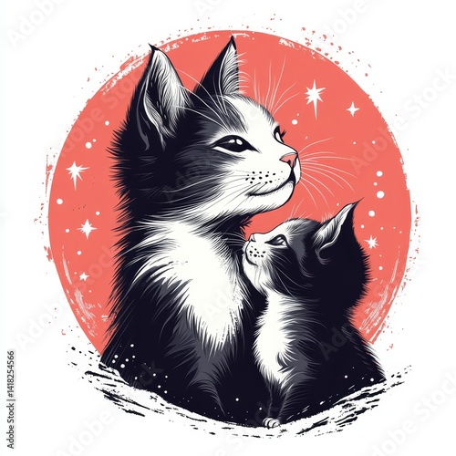 cat mom and son baby cub hipster vintage logo  icon illustration