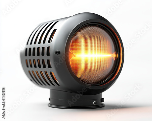 floodlight with metallic finish and glowing bulb isolated on white background for conceptual lighting design
