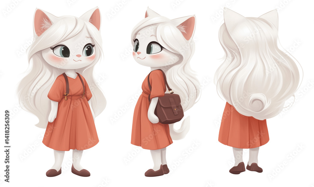 Cute anthropomorphic cat character design with long white hair, orange dress, and backpack, showcasing front, side, and back views, isolated on transparent background Cute anthropomorphic cat character design with long white hair, orange dress, and backpack, showcasing front, side, and back views, isolated on transparent background