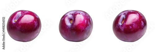 Fresh purple plums displayed in a row showcasing smooth skin, vibrant color, and natural shine, isolated on transparent background
