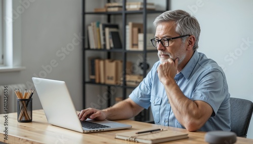 Senior mature middle aged man wearing eyeglasses looking at computer technology sitting at table,
using laptop hybrid working online, elearning, browsing web, searching online at home