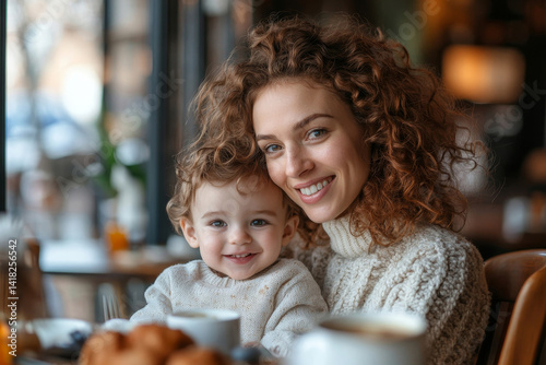 Young curly haired mother and her little son are having breakfast or lunch in a cafe, sitting at a table. Family weekend