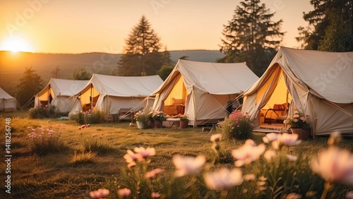 A tranquil glamping site at sunset, featuring spacious tents arranged along a gravel path