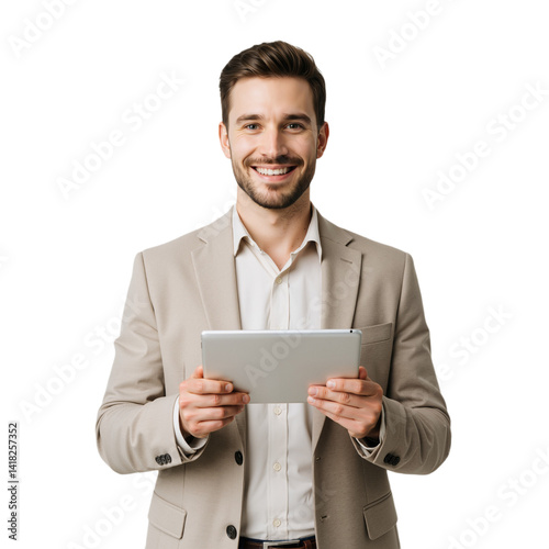 Smiling businessman in suit holding a tablet, isolated on transparent background, PNG format