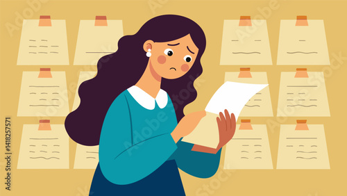 A woman wiping away tears as she finds the names of her longgone ancestors in baptismal records realizing the connections she never thought possible.. Vector illustration