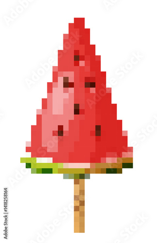 pixel art style popsicle watermelon shaped ice cream on transparent background png