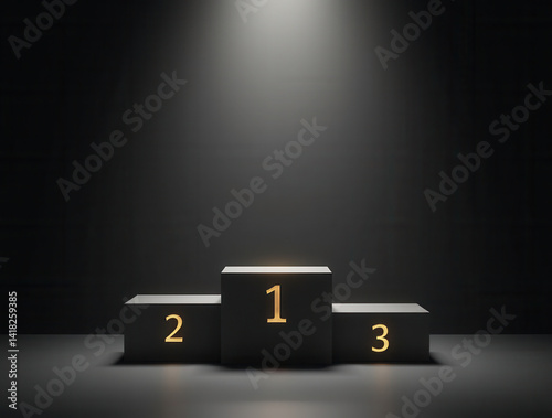 A three-step podium with the numbers 1, 2, and 3 clearly displayed, spotlighted on a dark stage, symbolizing winners and top positions in a dramatic setting.