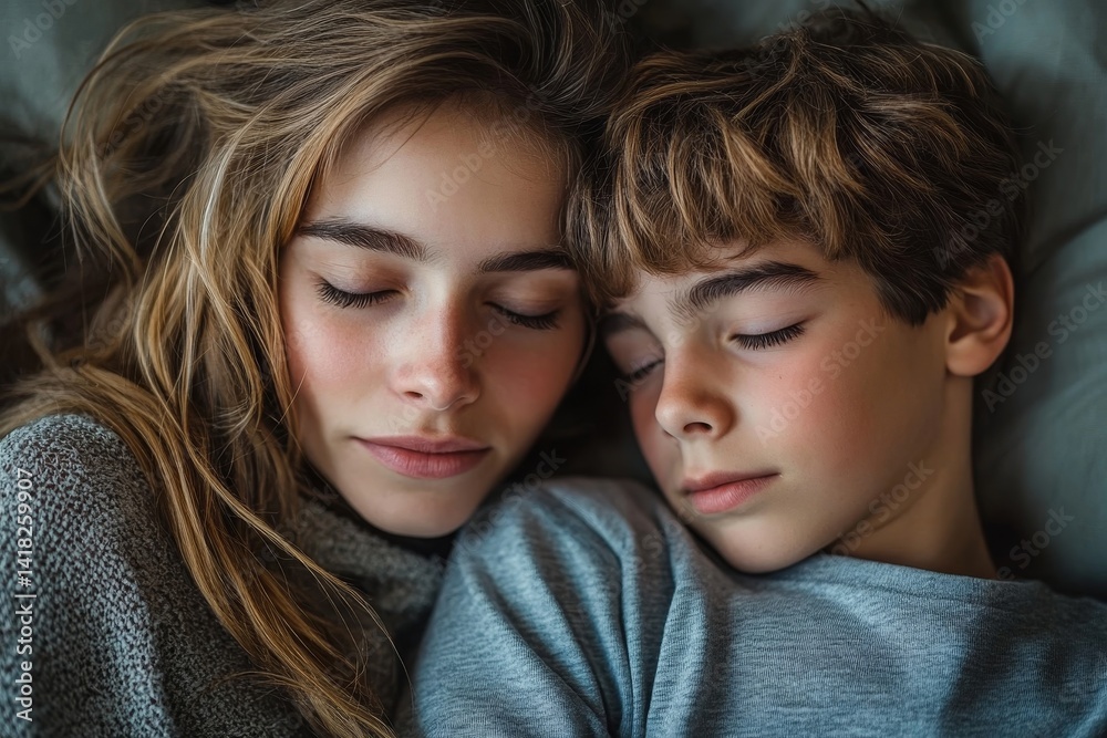 Affectionate empathic caring young mom hugging upset or grieving teen son helping and supporting. Mother comforting consoling boy in family. Teenage crisis, problems, troubles, bad moments