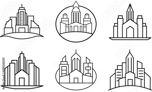 Black and White Hand-drawn Skyscraper and Building Icons