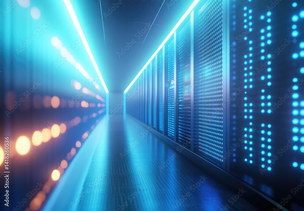 Bright futuristic data center corridor with glowing blue servers and motion blur, ideal for tech visuals on high-speed data, cybersecurity, AI, and digital infrastructure Bright futuristic data center corridor with glowing blue servers and motion blur, ideal for tech visuals on high-speed data, cybersecurity, AI, and digital infrastructure