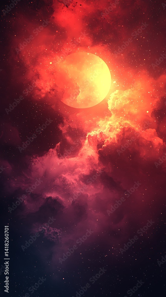 Obraz premium Fiery celestial moon bathed in fiery clouds.