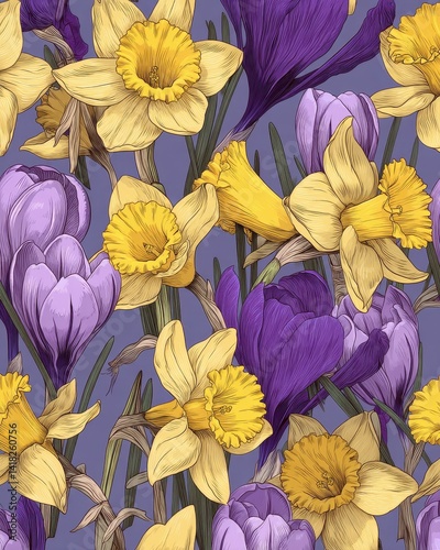 Floral design with daffodils and crocus blossoms in a close-up, repetitive pattern. The design features shades of yellow and purple.