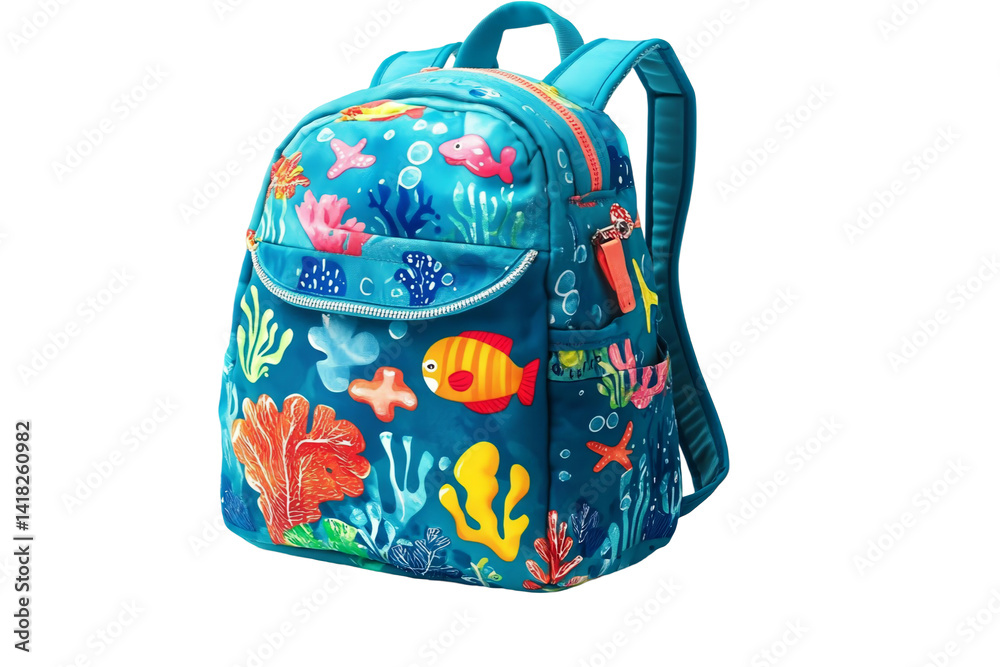 Close up of a blue backpack with underwater sea life themed decorations Close up of a blue backpack with underwater sea life themed decorations