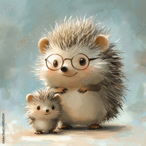 cute mom hedgehog with glasses and son