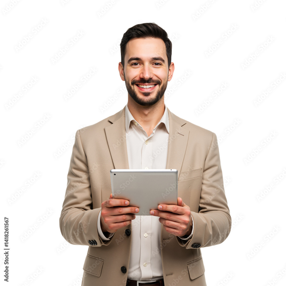Smiling businessman in suit holding a tablet, isolated on transparent background, PNG format Smiling businessman in suit holding a tablet, isolated on transparent background, PNG format