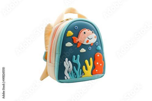Close up of a children's backpack with a fish and ocean themed design