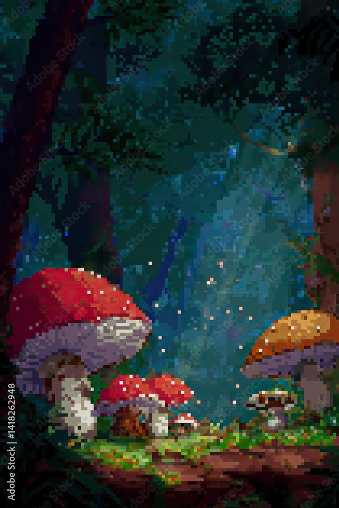 Enchanted Forest Clearing with Magical Mushrooms and Sparkling Pixel Art Design