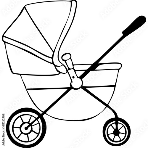 Baby stroller in black line vector illustration
