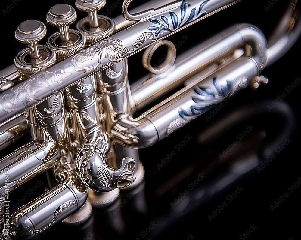 Naklejka premium Ornate trumpet with detailed floral engravings.