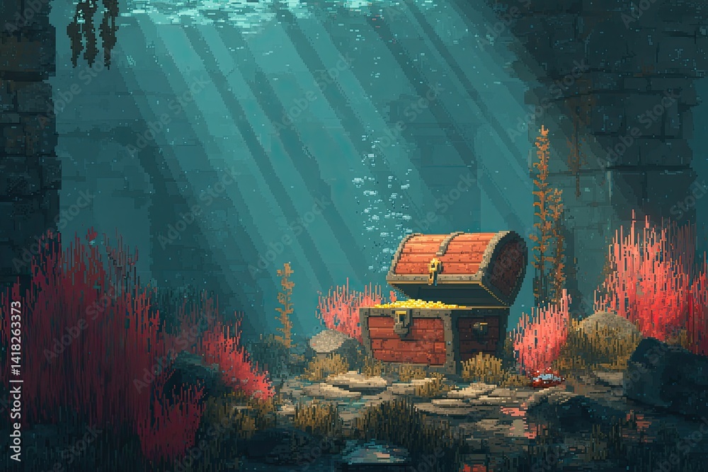 Pixel Art Underwater Ruins with Treasure Chest and Seaweed - Ideal for Game Design and Fantasy Themes