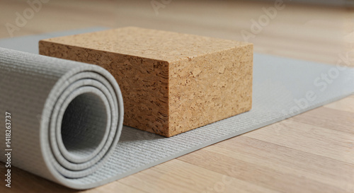 Yoga mat and cork block on wooden floor for fitness practice  
