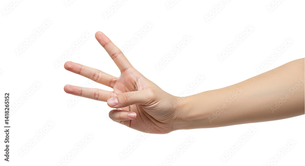 A hand displaying three fingers extended against a plain white background in a well lit studio shot A hand displaying three fingers extended against a plain white background in a well lit studio shot