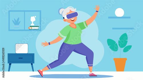 A senior citizen smiling and enjoying a virtual dance fitness class using VR technology.. Vector illustration