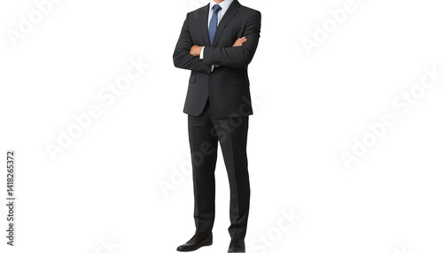A man in a black suit with his arms crossed standing on a white background
