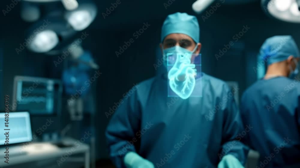 Focused surgeon with holographic heart projection in modern operating room Focused surgeon with holographic heart projection in modern operating room