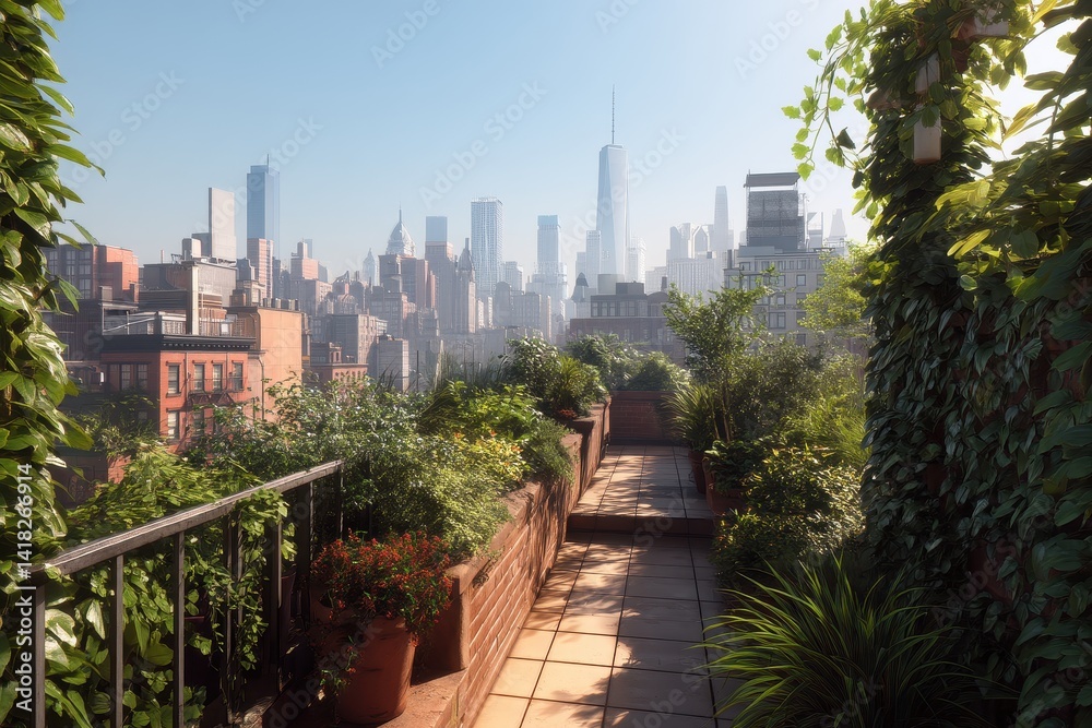 Fototapeta premium Lush rooftop garden overlooking a dense urban landscape with city highrises. Serene greenery contrasts with the bustling metropolis.