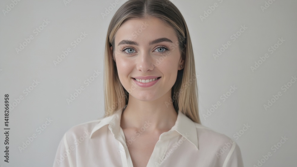 A woman with a bright smile looks directly into the lens A woman with a bright smile looks directly into the lens
