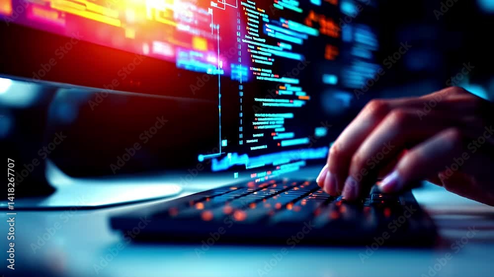 Focused computer programmer coding in sleek workspace, holographic code overlays glow with vibrant futuristic UI


