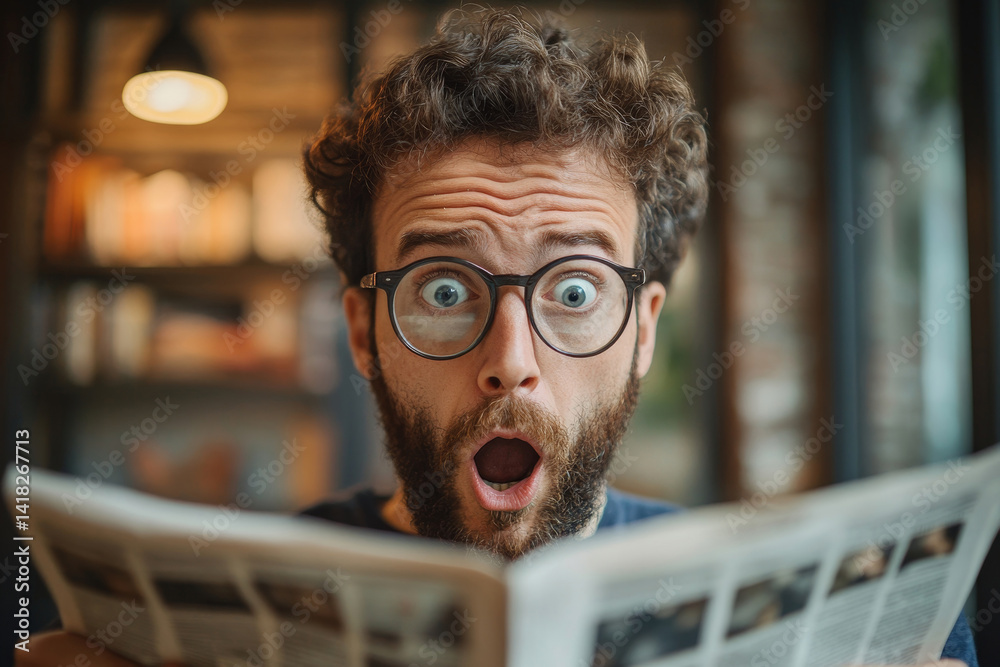 man reading the newspaper getting scared and shocked in surprise by the news - Generative AI