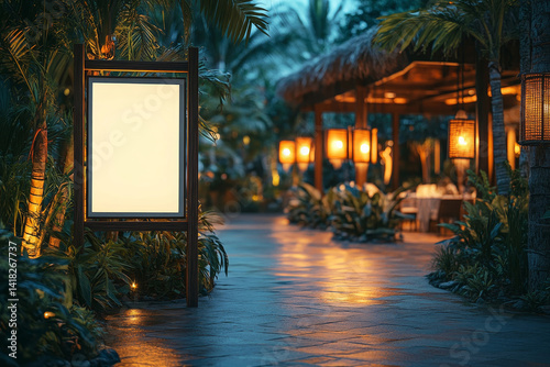 generic outdoor night shot of luxury resort or hotel like reception and fine dining restaurant with blank empty signboard mockup - Generative AI