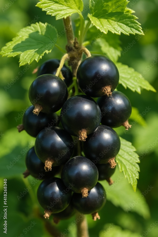 Clusters of Ripe Black Currants Growing on a Green Bush in a Sunny Garden Clusters of Ripe Black Currants Growing on a Green Bush in a Sunny Garden