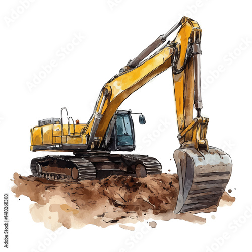 watercolor of Excavator Digging, vector, isolated on a white background.