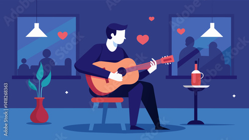 A solo guitarist performing romantic ballads in the background creating a cozy and intimate atmosphere for the singles mixer.. Vector illustration