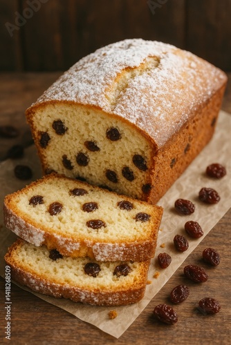 Freshly Baked Loaf of Sweet Bread With Raisins on a Rustic Wooden Table