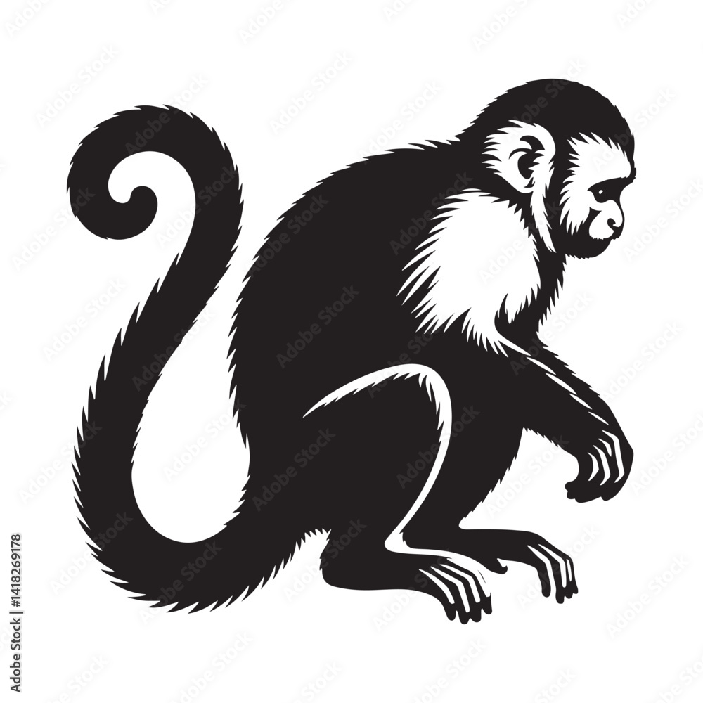 Fototapeta premium Jungle Acrobats: A Playful Collection of Capuchin Monkey Vector Silhouettes Showcasing the Agility, Curiosity, and Expressive Nature of These Intelligent and Energetic New World Primates
