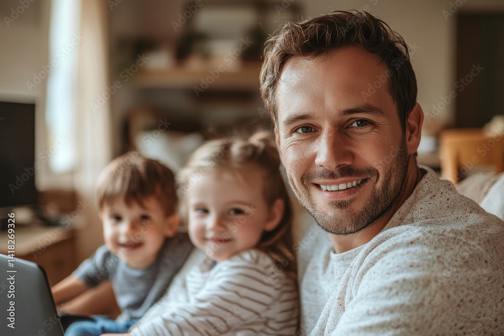 Fatherhood and remote business. Happy young single dad working at home while kids play next to him Fatherhood and remote business. Happy young single dad working at home while kids play next to him