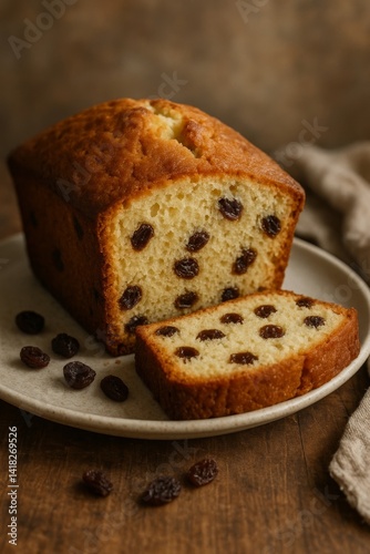 Freshly Baked Loaf of Sweet Bread With Raisins on a Rustic Wooden Table