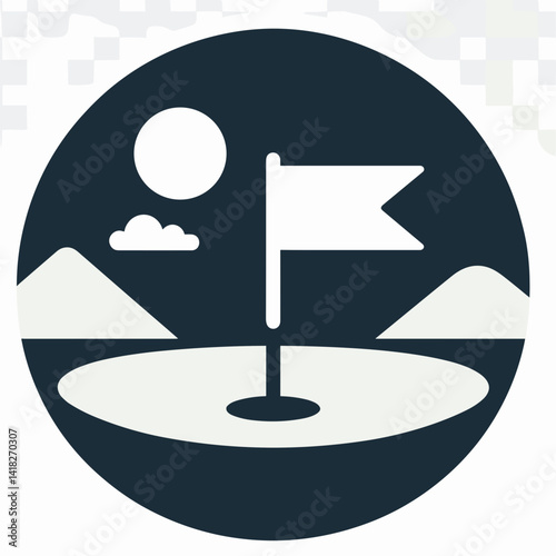 Minimalistic golf scene with flag, sun, and mountains in monochrome design